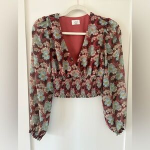 Wilfred Aritzia wistful blouse floral longsleeve v-neck smocked burgundy XS